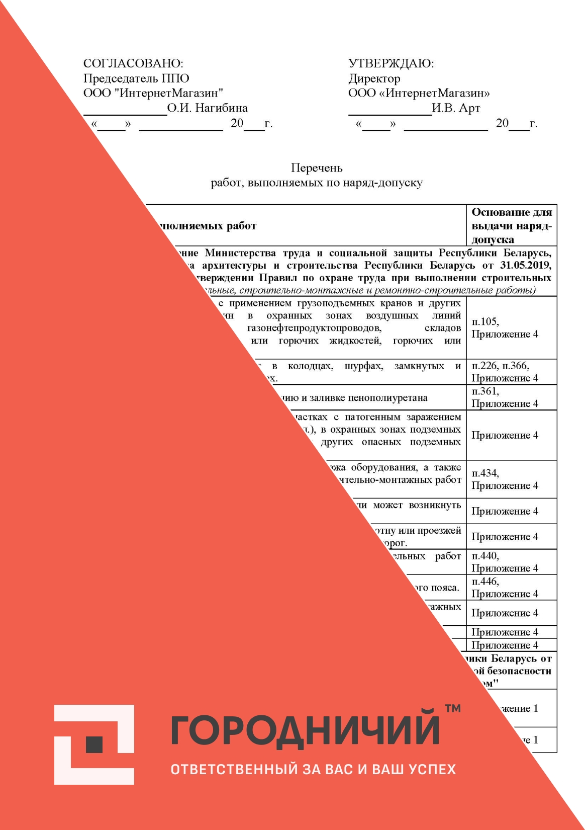 Перечень работ выполняемых по наряд-допуску