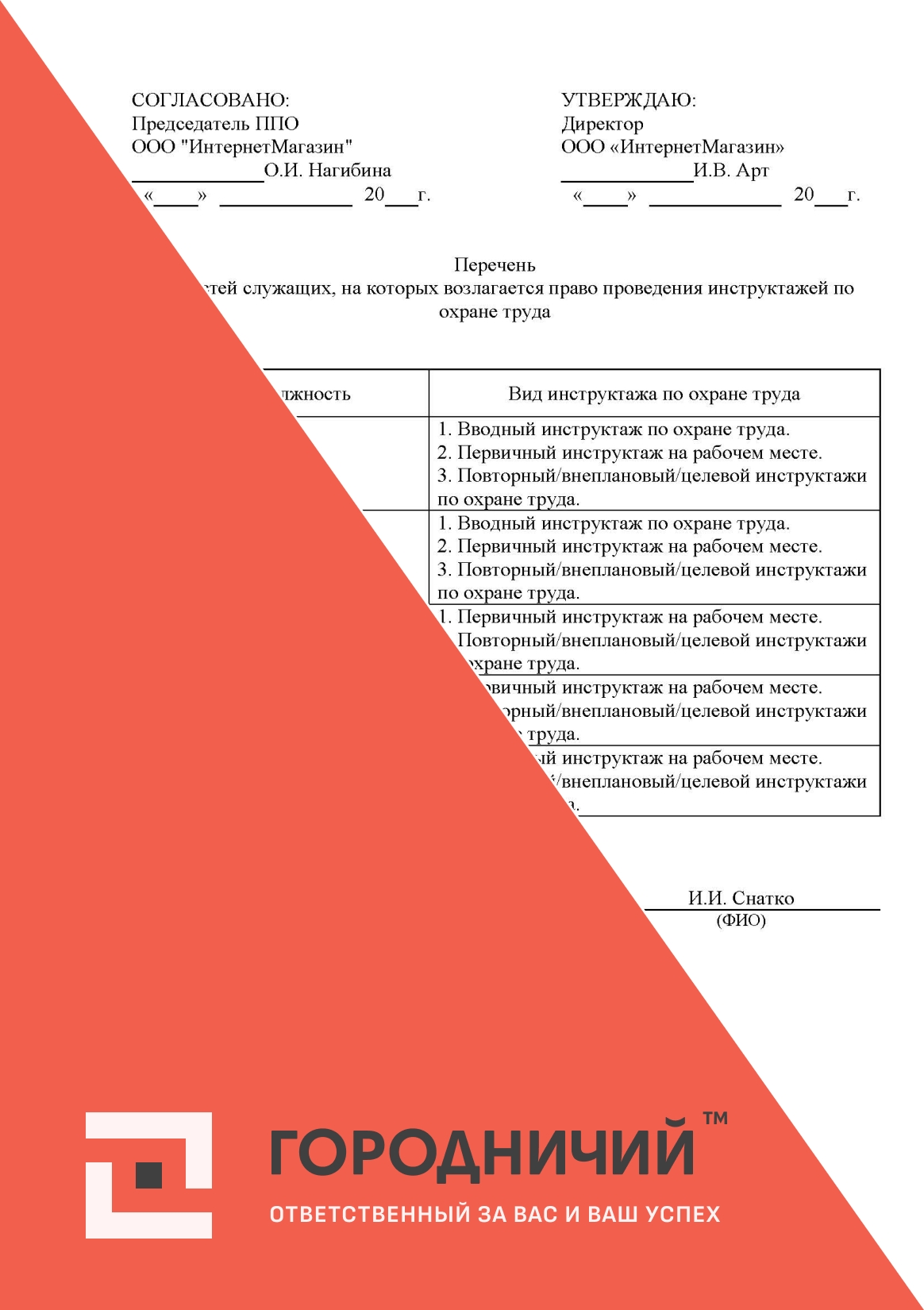 Перечень должностей, на которых возлагается право проведения инструктажей по охране труда