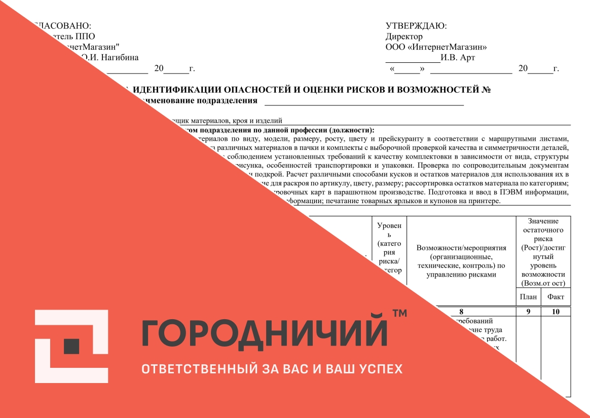 Карта идентификации опасностей и оценки рисков и возможностей комплектовщик материалов,кроя и изд.